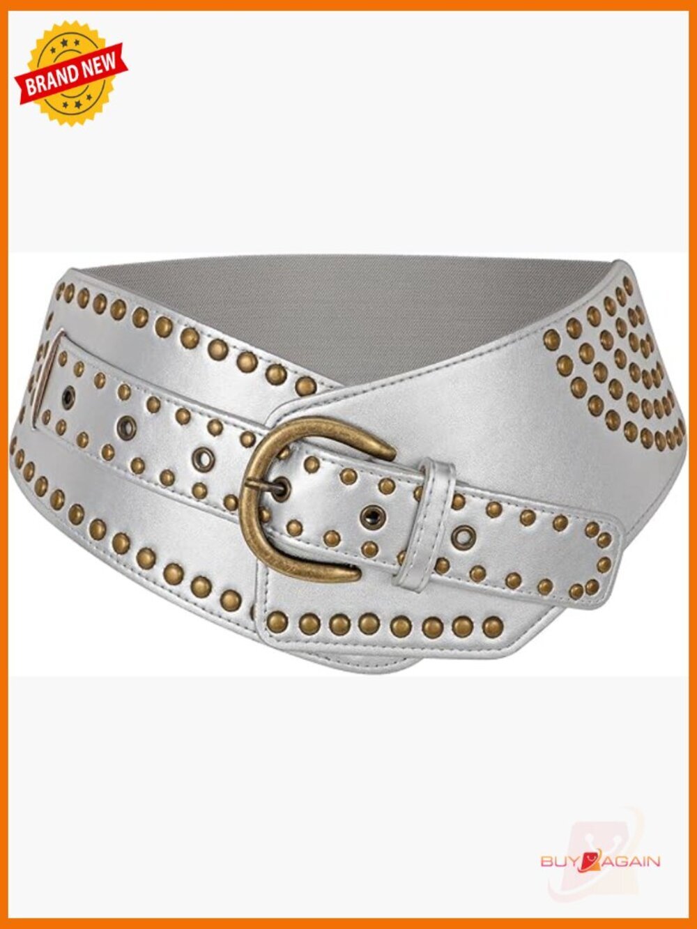 Vintage Wide Elastic Studded Belt with Rivets Metal Buckle - Stretchy Waist